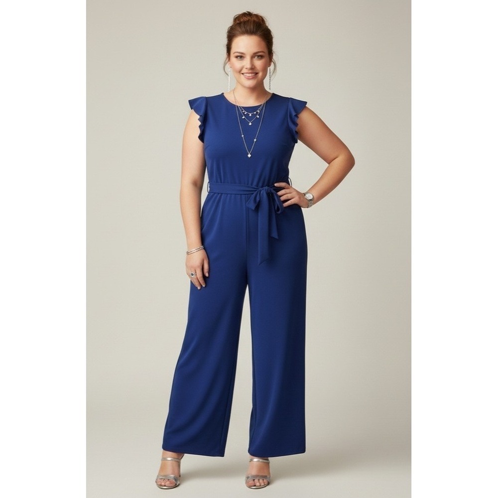 BTFBM Jumpsuit Women Large Royal Blue Ruffle Sleeve Wide Leg Belted